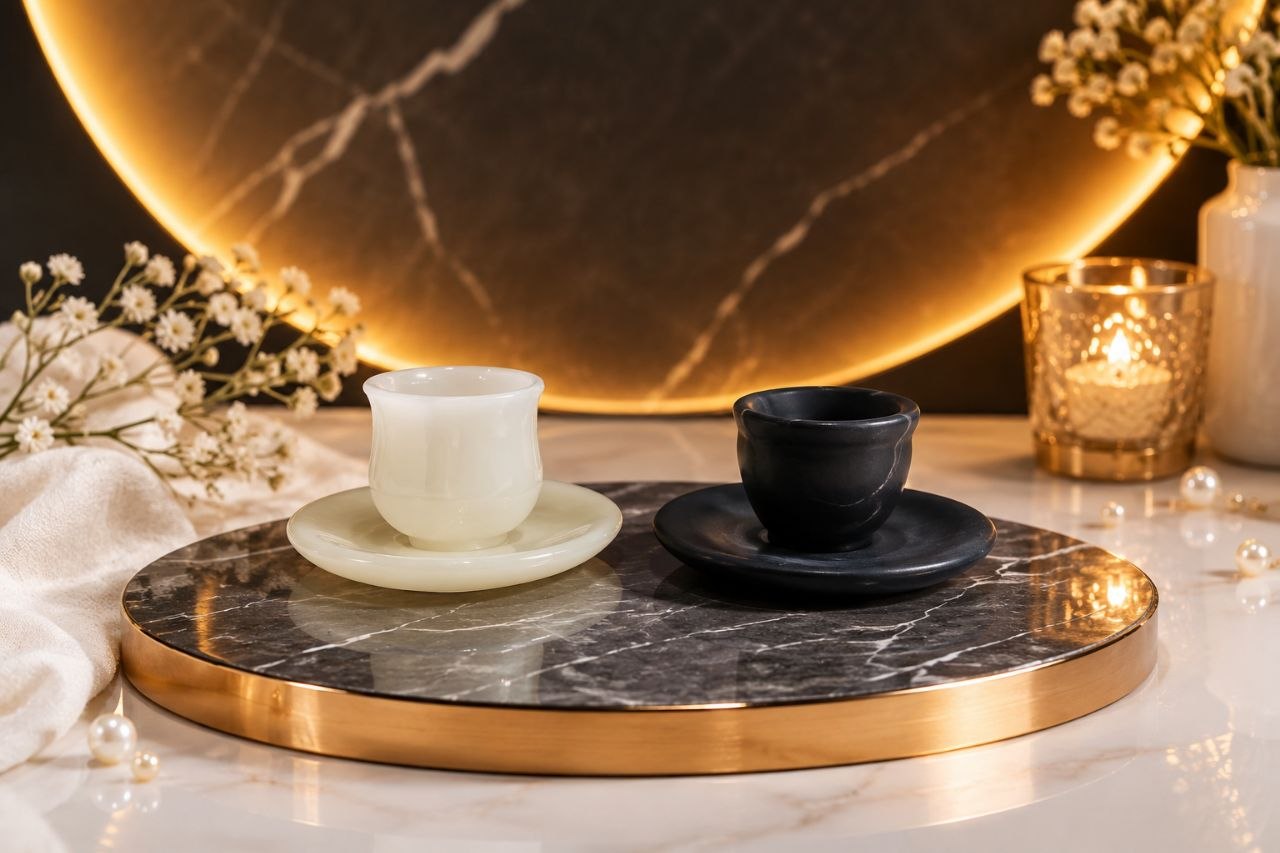 ست کاپ قهوه /شات قهوه + نعلبکی سنگی مرمر و مرمریت (کاپ قهوه خوری سنگی/ شات قهوه خوری سنگی / شات )/فنجان قهوه کد محصول Ono8004201 (هدیه تولد _هدیه روز مادر_ هدیه روز زن-جهیزیه عروس _هدیه منزل نو_هدیه شیک)